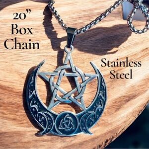 SALE 🔥 Stainless Steel Pentacle ~ Triple Moon Necklace with 20” Box Chain